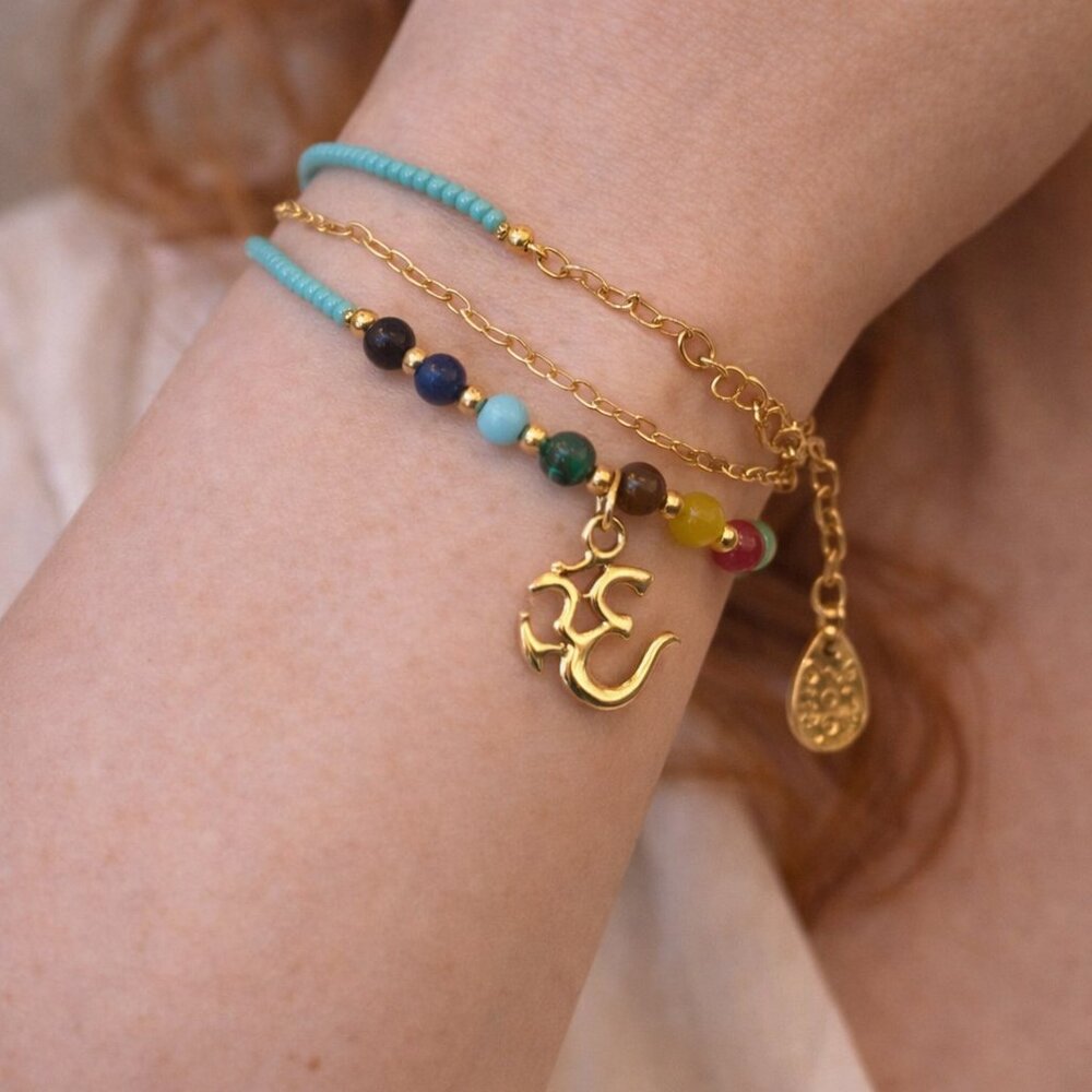 Gold Om Charm Bracelet • Turquoise Seed Beads • Boho Yoga Jewelry • Adjustable